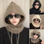 여성용 니트 후드 모자, 한국 스타일, 야외 워머, 드로스트링 모자, 원피스 넥 칼라, 비니 캡, 바라클라바 모자, 겨울 - 이미지 2