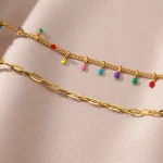 스테인레스 스틸 다채로운 Boho는 여성을위한 Anklets를 삭제합니다 럭셔리 지르콘 크로스 비즈 Anklet 더블 체인 여름 해변 보석 선물 - 이미지 5