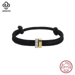 Rinntin S925 실버 라운드 지르코니아 체인 팔찌 남성 여성을위한 조정 가능한 블랙 컬러 로프 팔찌 커플 쥬얼리 선물 APB07