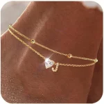 여성을위한 발목 팔찌 방수 14K 골드 도금 CZ 초기 Dainty Layered Heart Anklets 발 체인 여름 해변 쥬얼리
