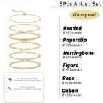 여성을위한 6PCS 14k 골드 도금 발목 팔찌, 스테인레스 스틸 방수 헤링본 클립 비드 피가로 쿠바 체인 Anklets - 이미지 3